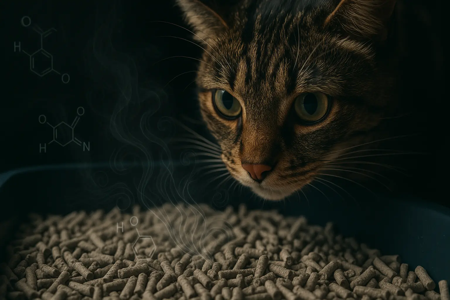 Quizzical cat sniffs paper pellet litter; subtle graphics hint at hidden odor control additives.