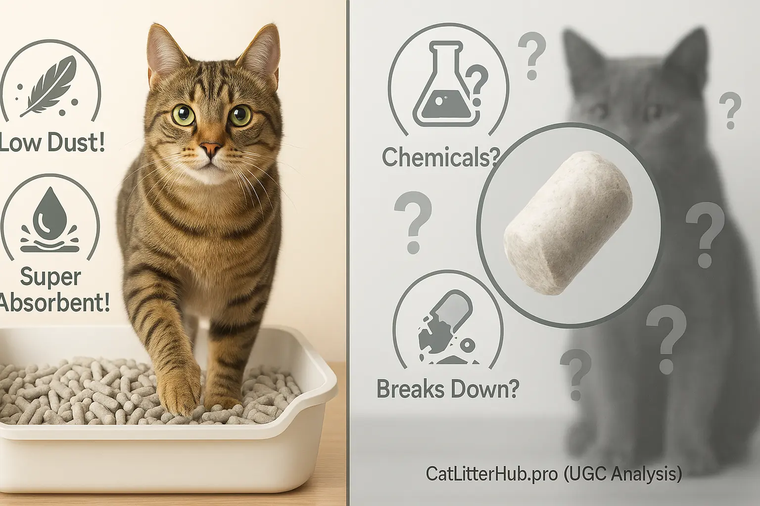 Split panel: Happy cat, low-dust/absorbent pellets vs. generic pellets with chemical/breakdown questions & concerned cat.