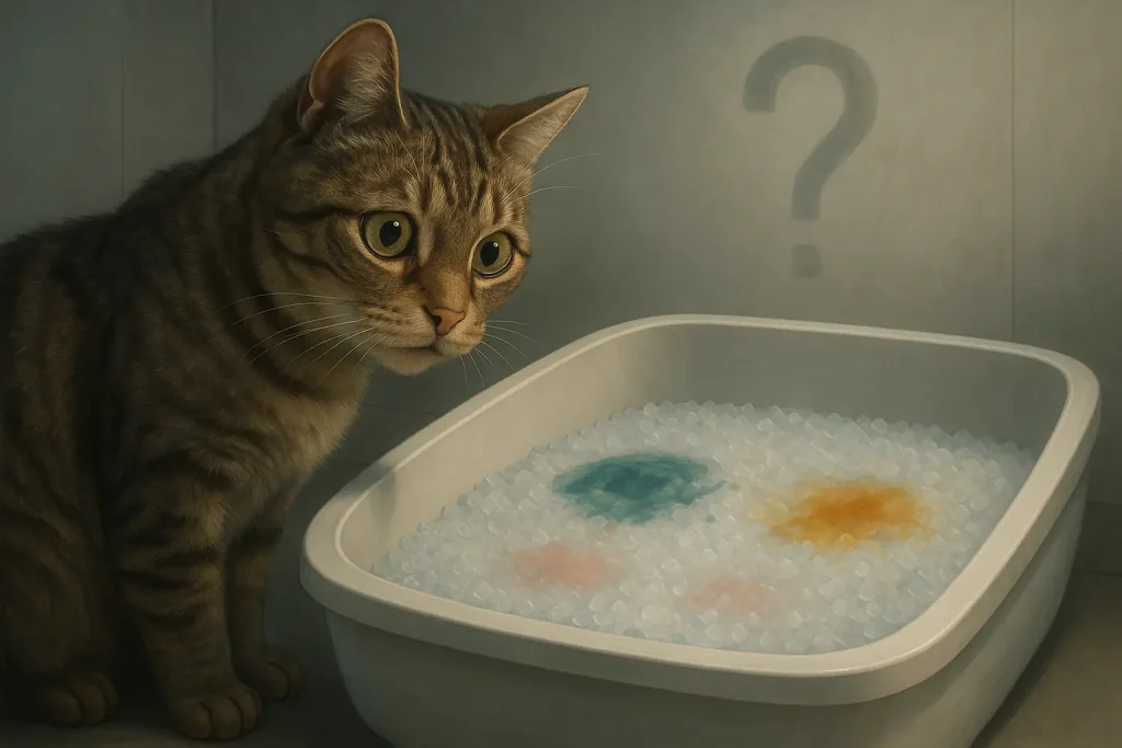 Cat quizzically inspects colorful spots in its litter; a subtle question mark questions the litter's diagnostic power.