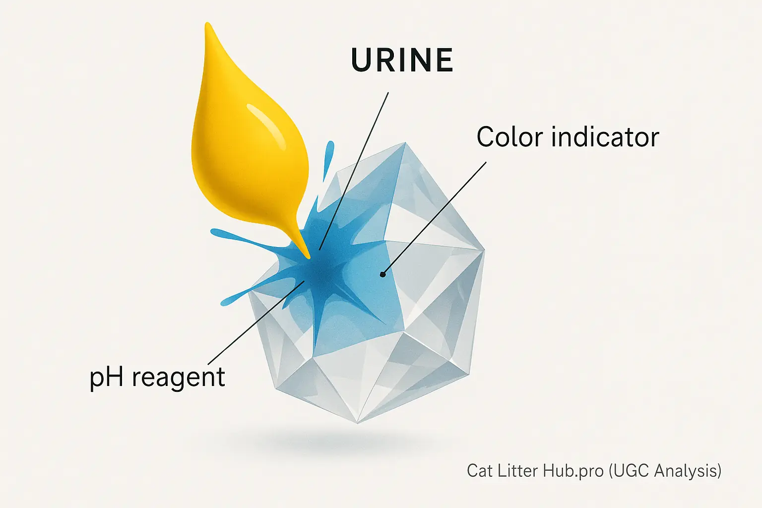 Infographic: Urine droplet hits crystal, pH reagent causes color indicator to change, showing how litter detects health