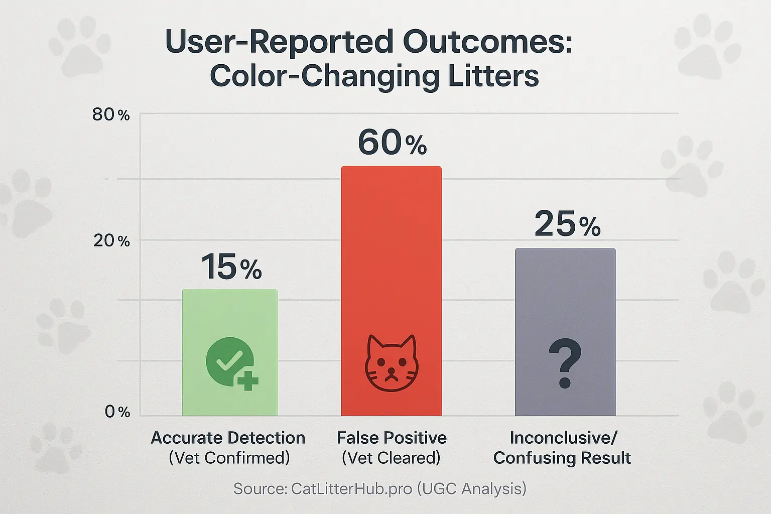 Bar chart: User reality of color-changing litters: 60% false positives, 25% inconclusive, 15% vet-confirmed accurate.