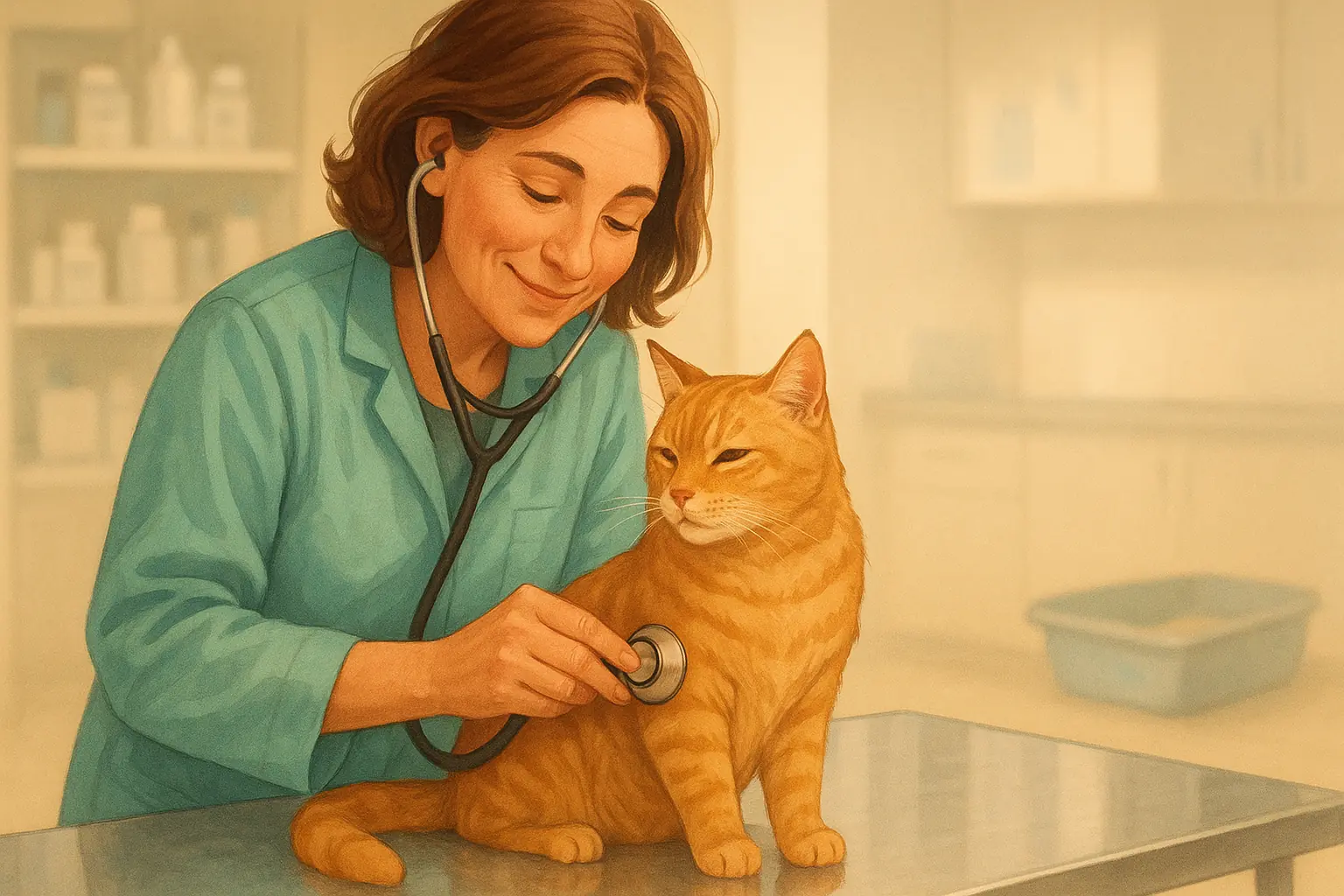 Friendly vet gently examines cat; subtle, distant color-changing litter box blurred, highlighting vet's expertise.