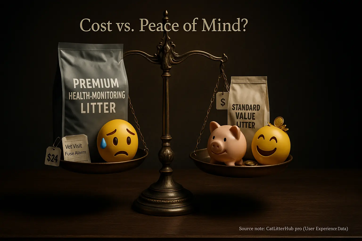 Scale balances costly health litter & worry icon against regular litter, piggy bank & happy icon, weighing cost vs. peace of