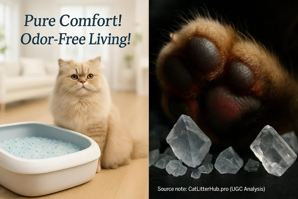 Split-screen: sleek crystal litter ad with happy cat contrasts with close-up of irritated cat paw by sharp silica.