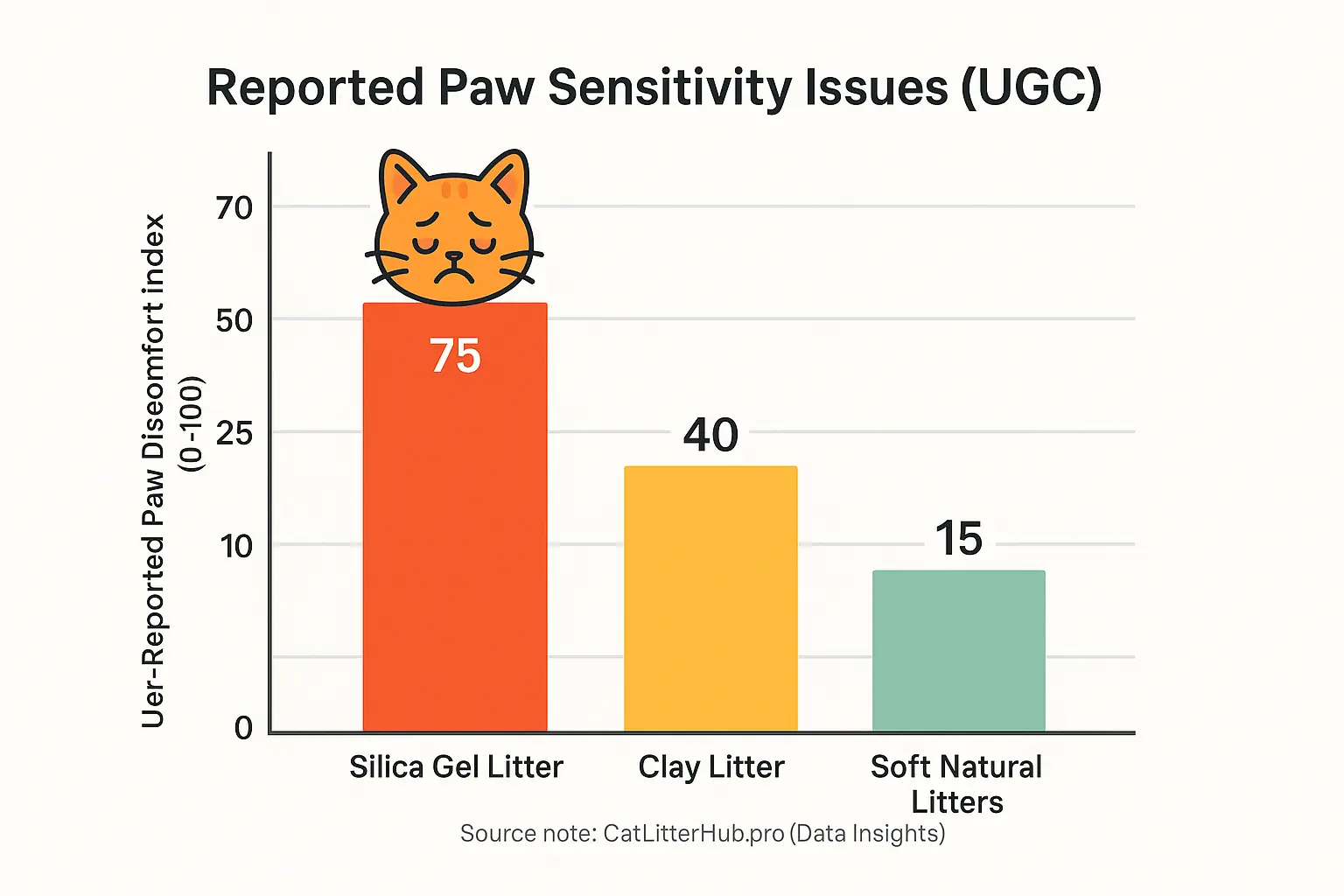 Bar chart of user-reported paw sensitivity: Silica gel (high bar, sad cat), Clay (medium bar), Soft Natural litters (low