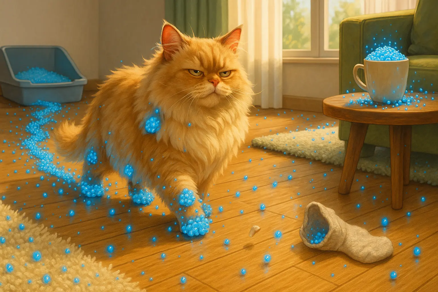 Humorous cat trails glowing blue silica litter stuck to its fur from box, scattering it on floor, furniture, coffee cup.