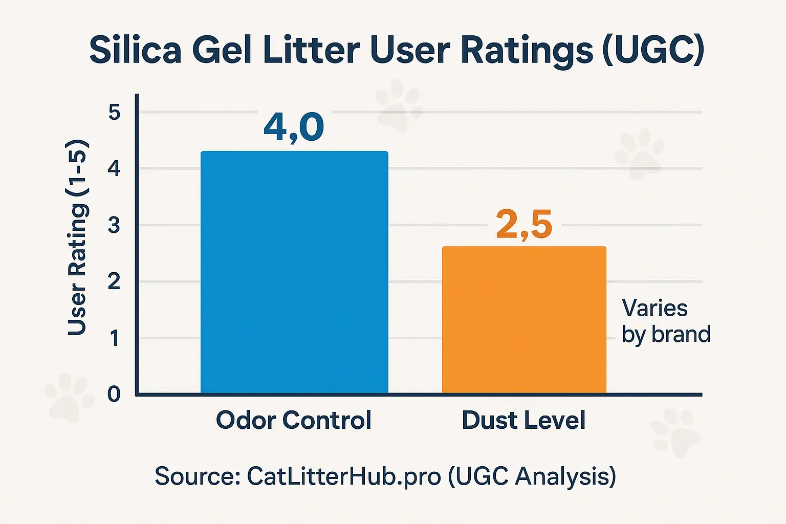 Bar chart: Silica gel litter user ratings show high odor control (4/5), medium-low dust (2.5/5, varies by brand).