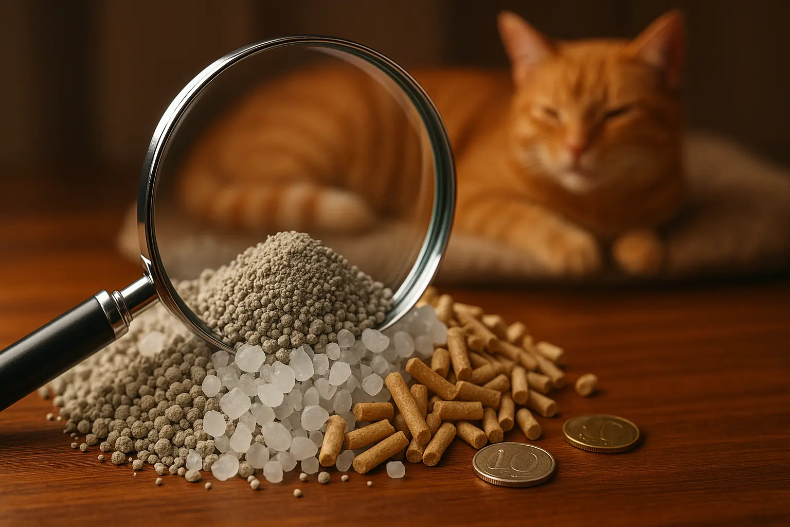 Magnifying glass inspects a pile of various cat litters, with coins and a happy cat, symbolizing the search for value.