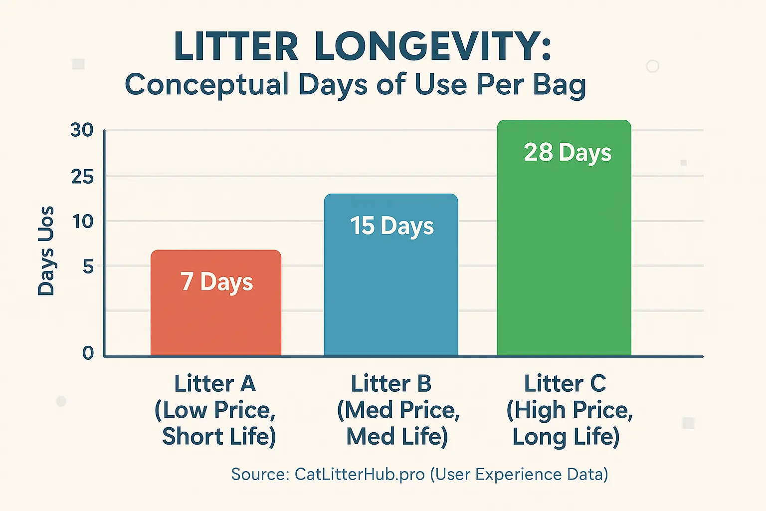 Bar chart: High-price Litter C offers most days of use/bag, then medium-price B, then low-price A.