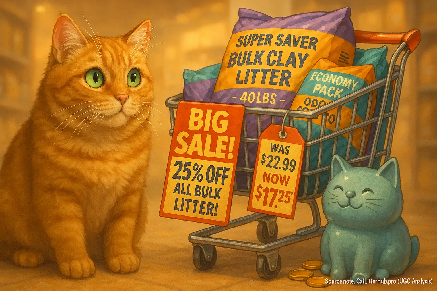 A cat looks at a shopping cart filled with discounted litter bags, a piggy bank nearby, illustrating savings from smart bulk