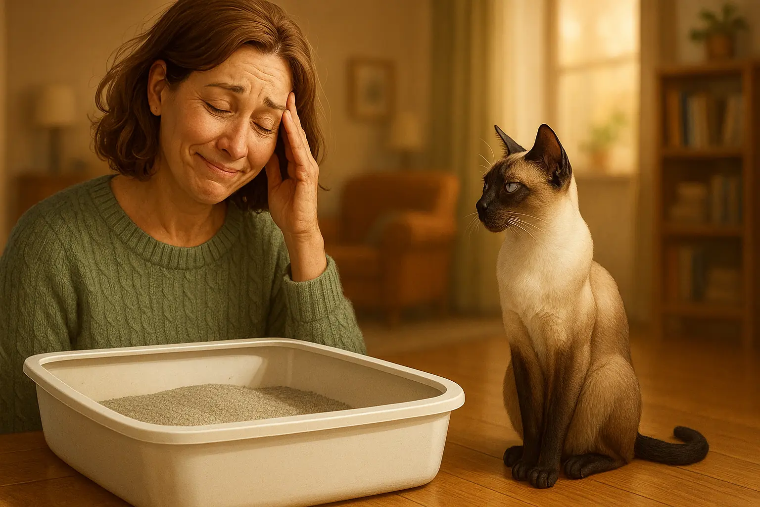 Cat's silent protest: pointedly ignoring pristine litter box as loving, exasperated owner watches.