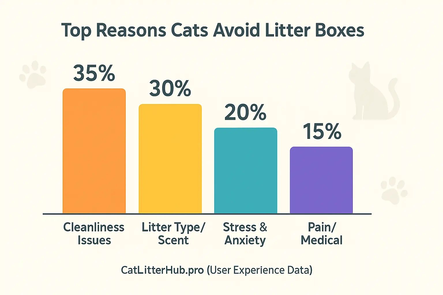 Bar chart: Owners' top reported cat litter refusal reasons: Texture 40%, Scent 30%, Cleanliness 20%, Other 10%.