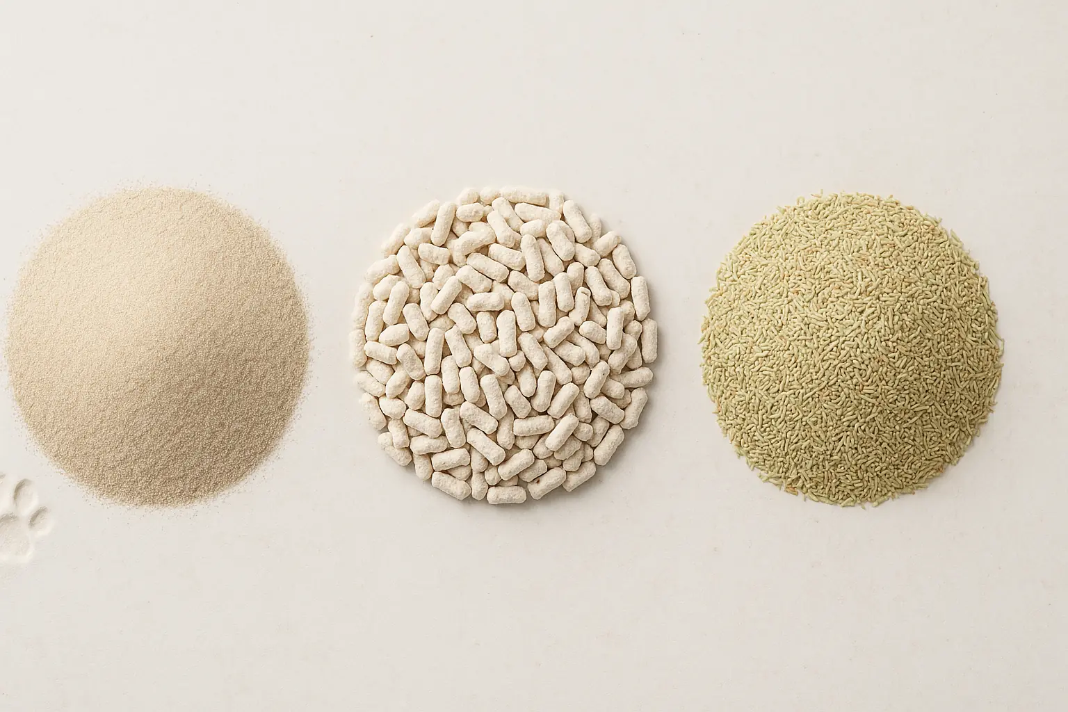 Fine sand-like clay, soft paper pellets, fine grass seed litter: user-approved textures for finicky cats.