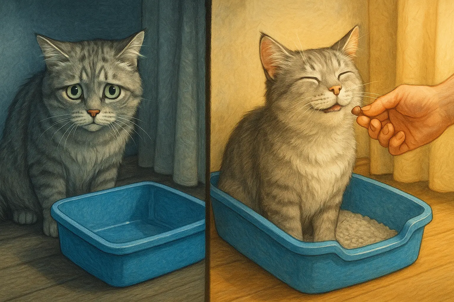 Whimsical split image: Cat's journey from stressed by new litter box to happily using it with owner, showing gentle