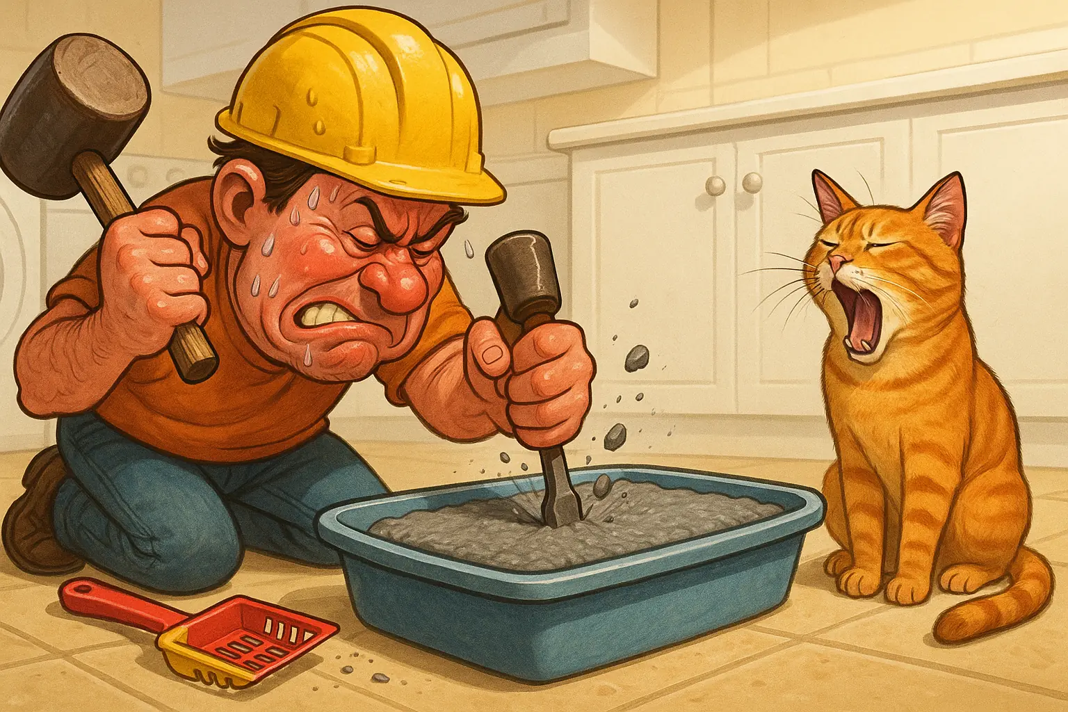 Owner in hard hat with chisel battles rock-solid &#x27;litter-crete&#x27; in litter box; cat watches unimpressed.