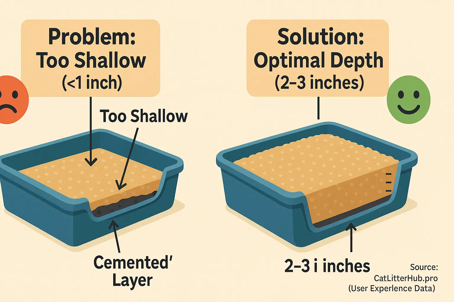 Diagram: 2-3&#x27; litter depth prevents cemented mess (happy face); shallow litter causes it (sad face).