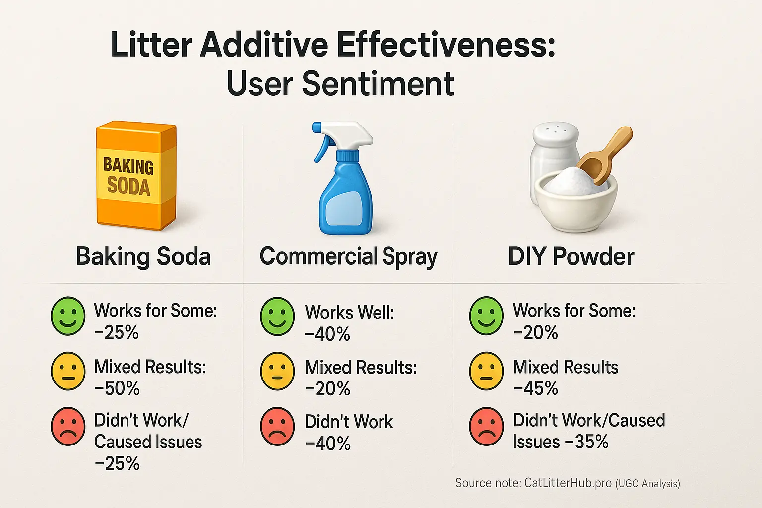 Infographic comparing user sentiment (icons &amp; percentages) for baking soda, commercial spray, and DIY powder additives.