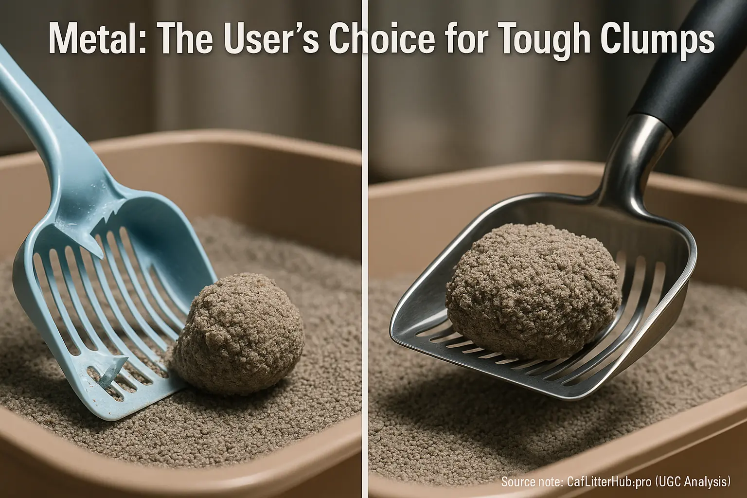 Metal scoop lifts &#x27;litter-crete&#x27; beside broken plastic one. Overlay: &#x27;Metal: User&#x27;s Choice for Tough Clumps&#x27;.