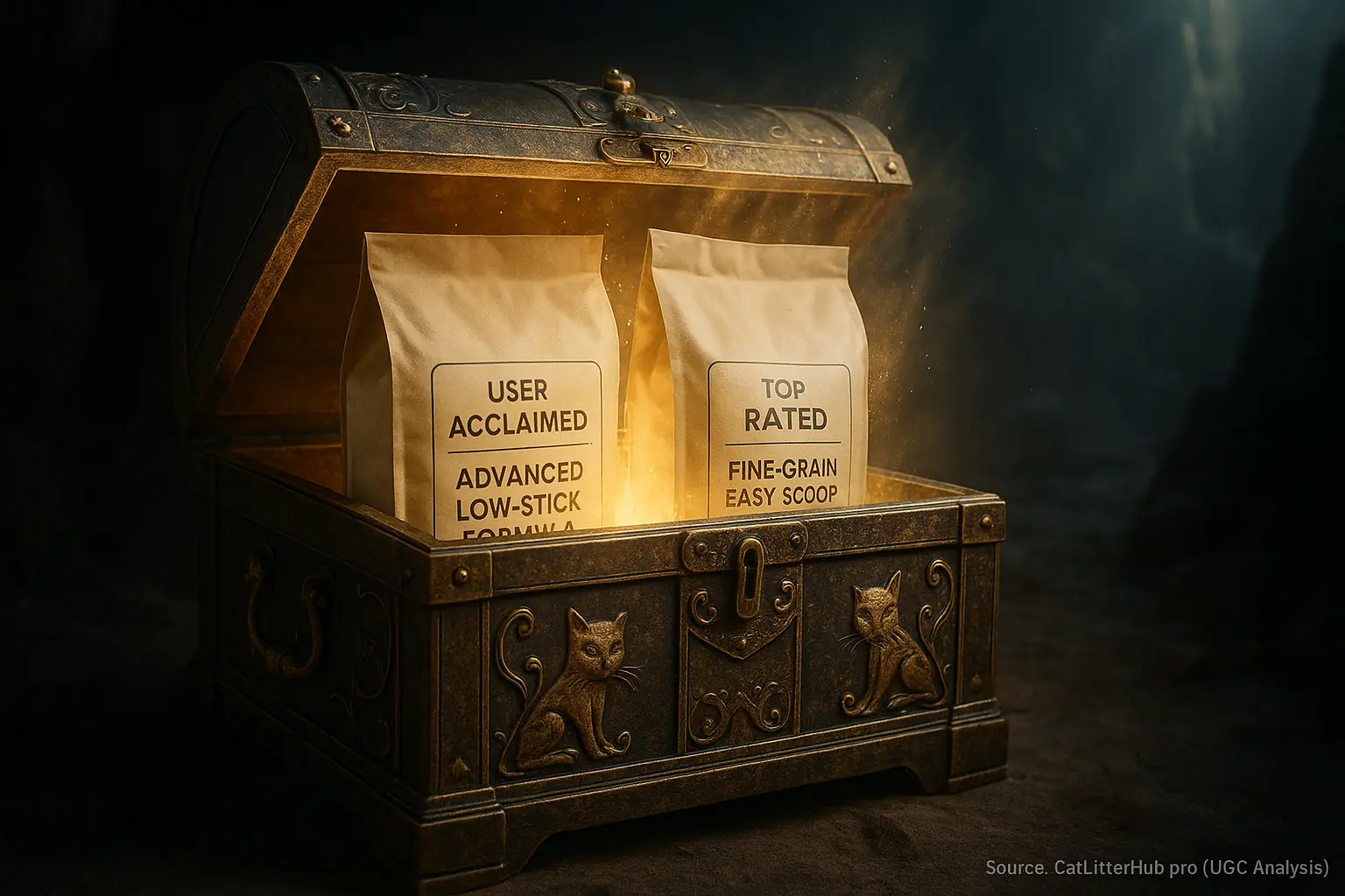A shining treasure chest, the &#x27;holy grail&#x27;, reveals &#x27;User Favorite - Low Stick Formula&#x27; cat litter for minimal sticking.