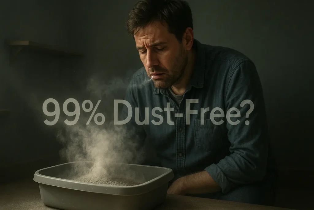Sighing owner faces dusty litter box; subtly overlaid '99% Dust-Free?' text questions the claim.