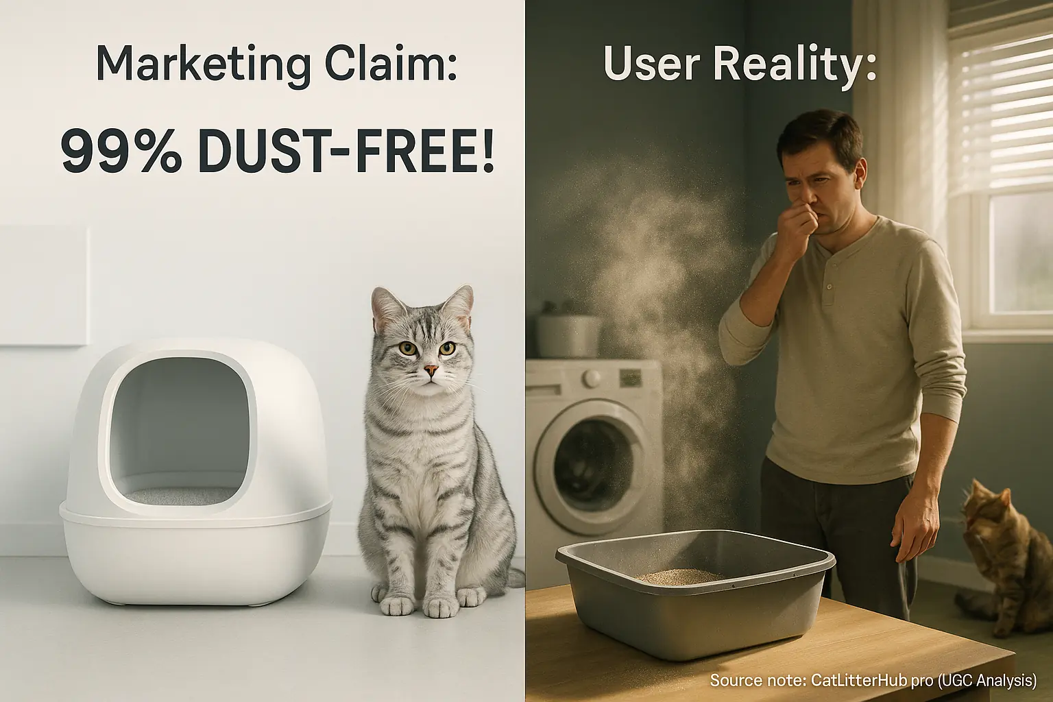 Marketing's '99% Dust-Free!' claim contrasted with cat owner's skeptical view of dust motes.
