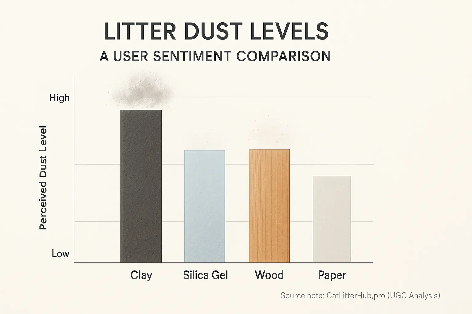 Bar chart comparing relative dust: Wood & Paper litters lowest; Clay & Silica highest.