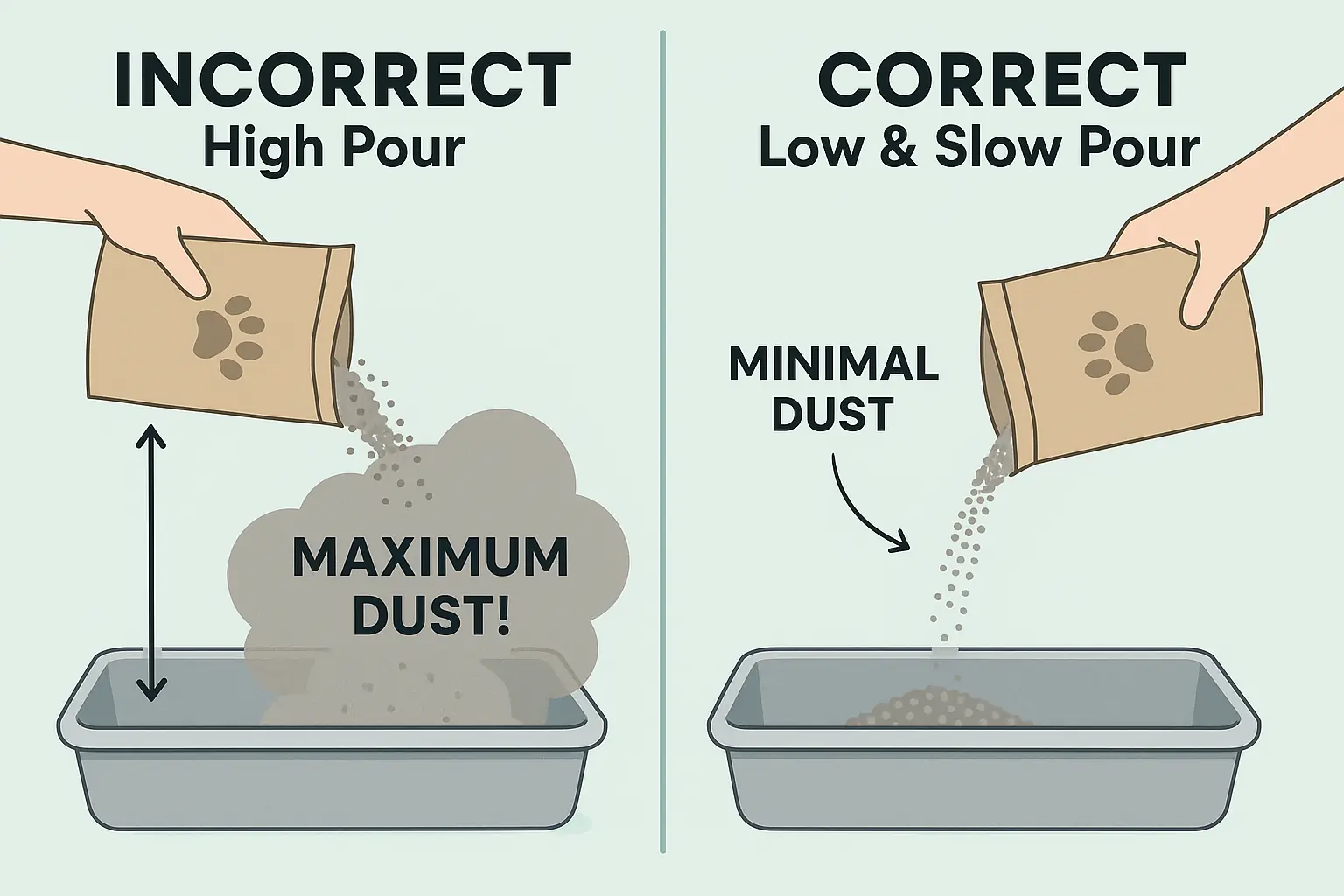 Correct low, slow litter pour (less dust) vs. incorrect high, fast pour (dust cloud).