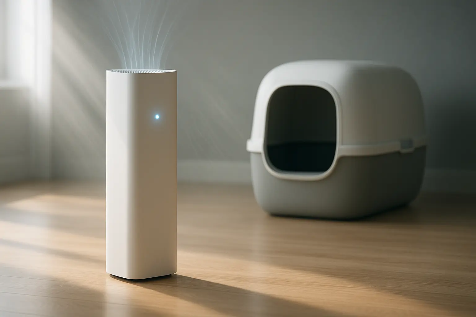Sleek air purifier subtly operating by litter box, bright light rays depicting fresh, dust-free air.