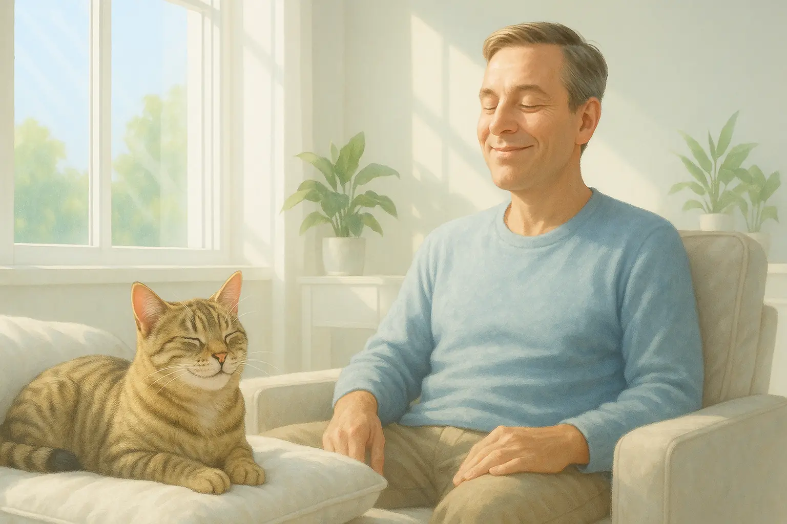 Content cat and owner breathe easy in a bright, dust-free home, showing respiratory relief from low-dust litter.
