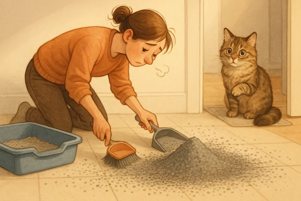 Frustrated owner sweeping up a large amount of cat litter scattered around a litter box by an innocent-looking cat.