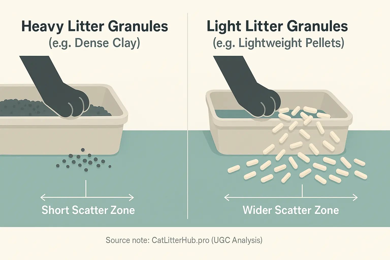 Infographic: Cat paw kicks light litter far. Heavy litter scatters significantly less, staying closer.