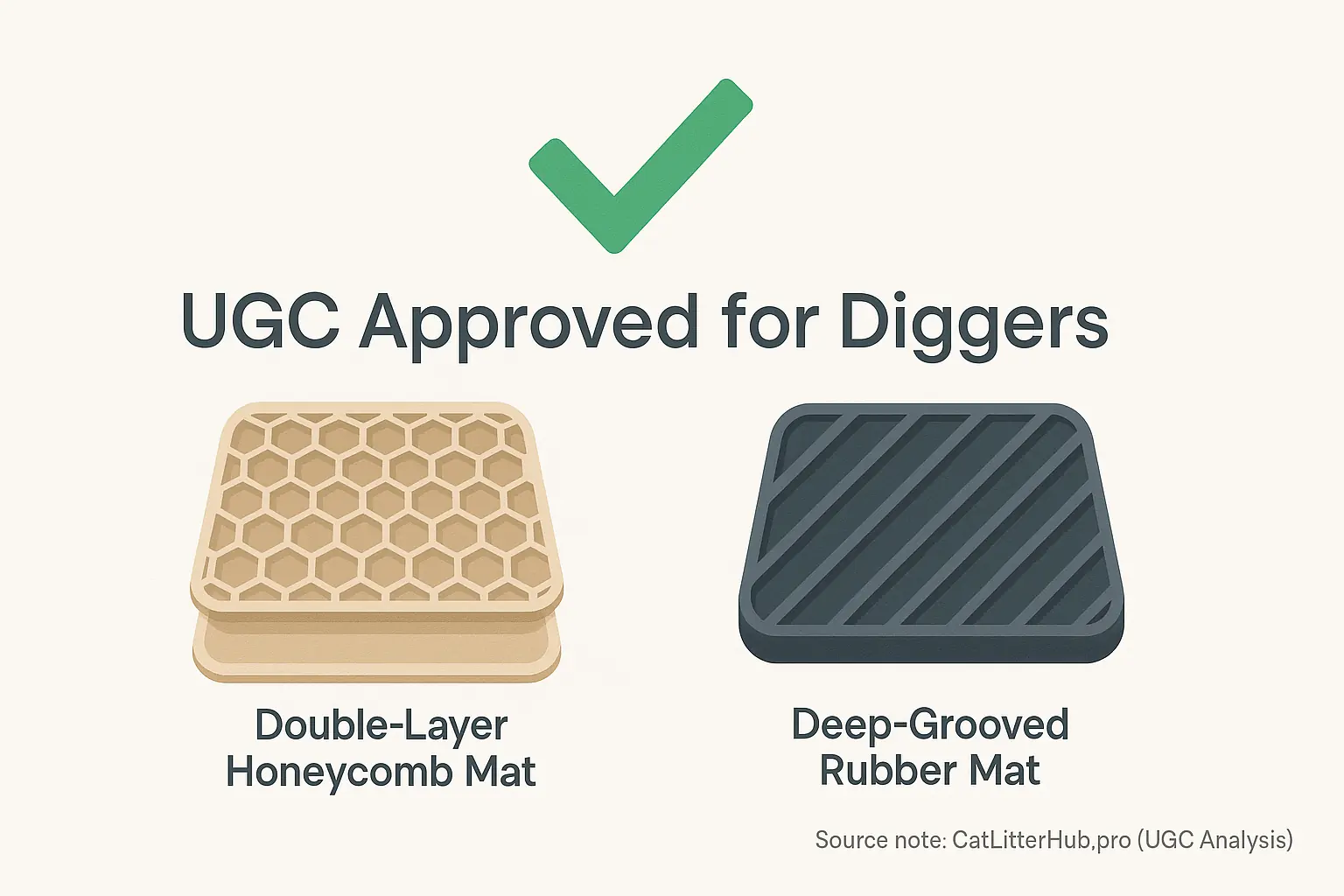 Honeycomb & ribbed rubber litter mat icons with 'UGC Approved for Diggers' checkmark.
