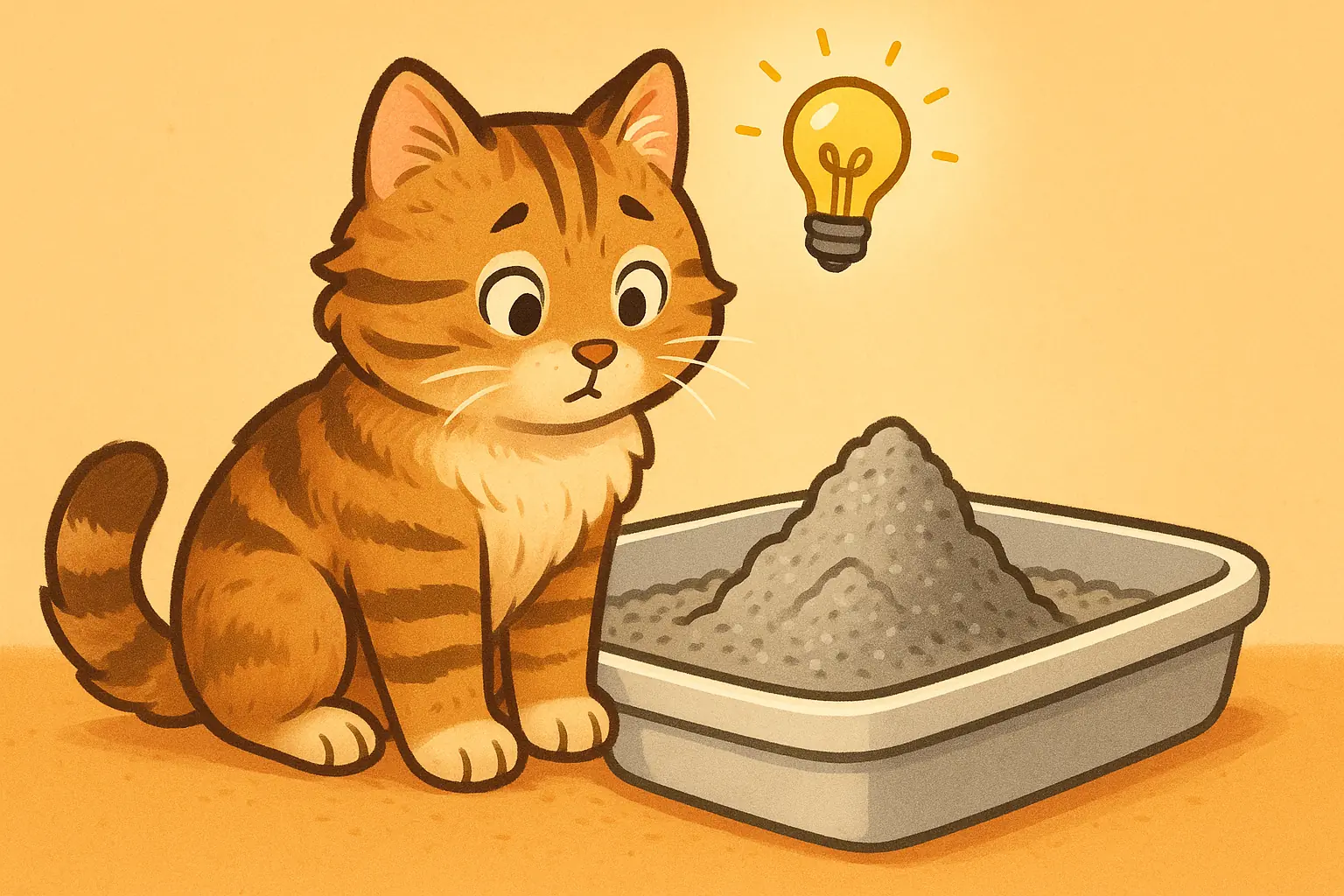 Stylized cat thoughtfully eyes dug litter pile, question mark or lightbulb icon overhead.