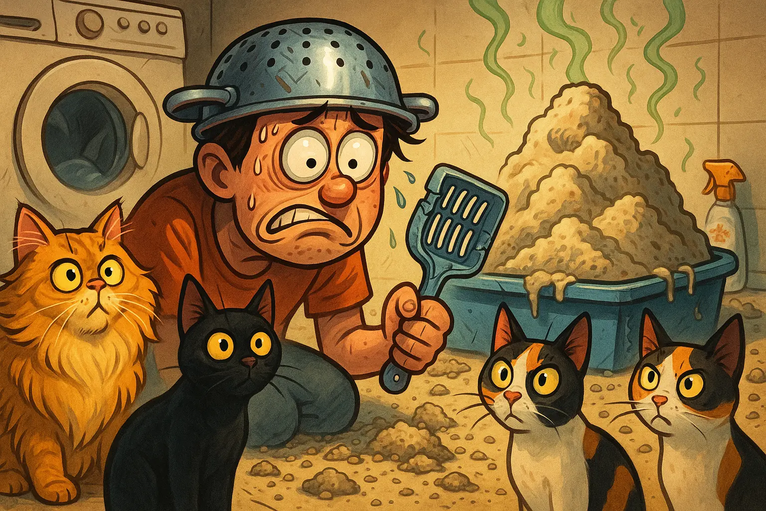 Humorous scene: overwhelmed owner in helmet with broken scoop faces messy litter box battlefield and expectant cats.