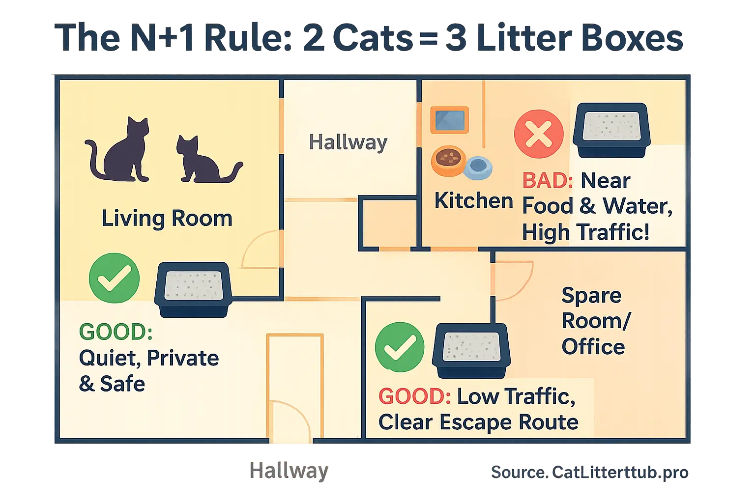 Floor plan: N+1 litter boxes. Green checks for good (quiet, escape routes, separated), red crosses for bad (high-traffic).