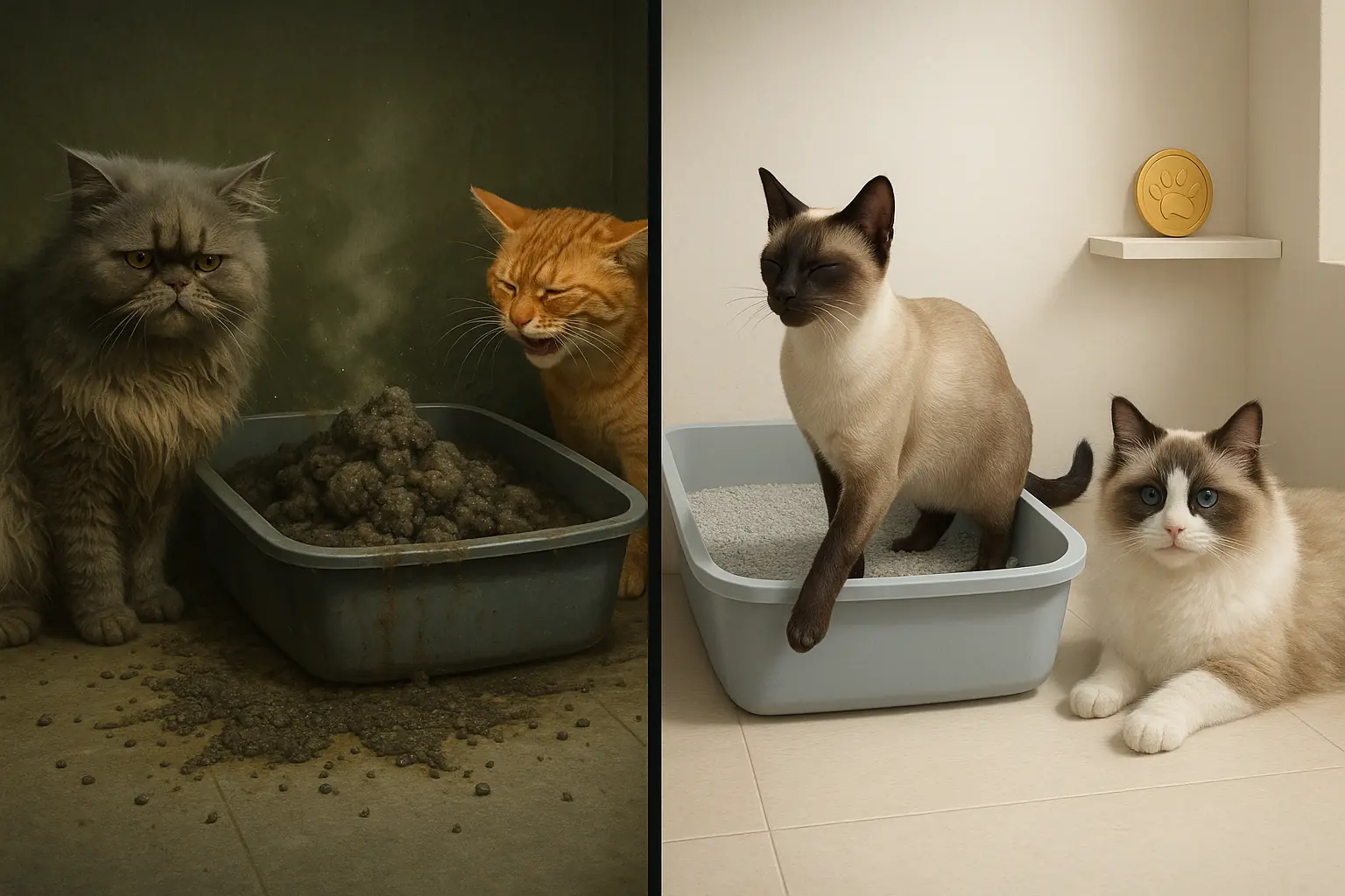 Split: Chaotic, messy litter box, unhappy cats vs. clean, orderly box, happy cats, 'survivor' medal.