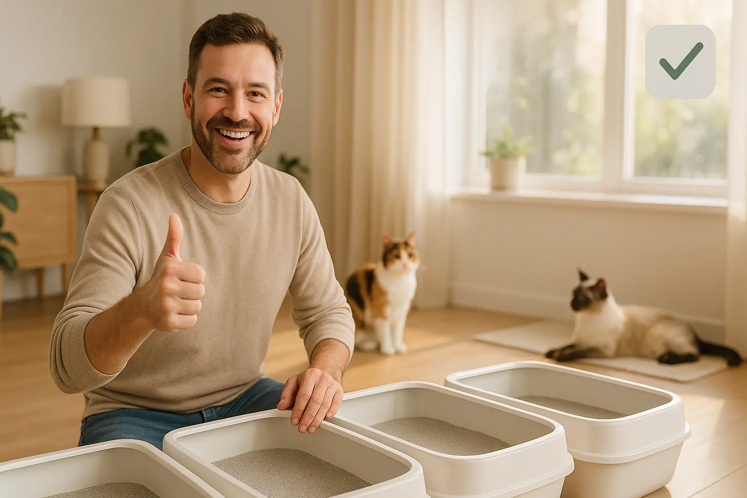 Confident cat owner gives thumbs-up by clean multi-cat litter boxes, happy cats, and checklist icon.