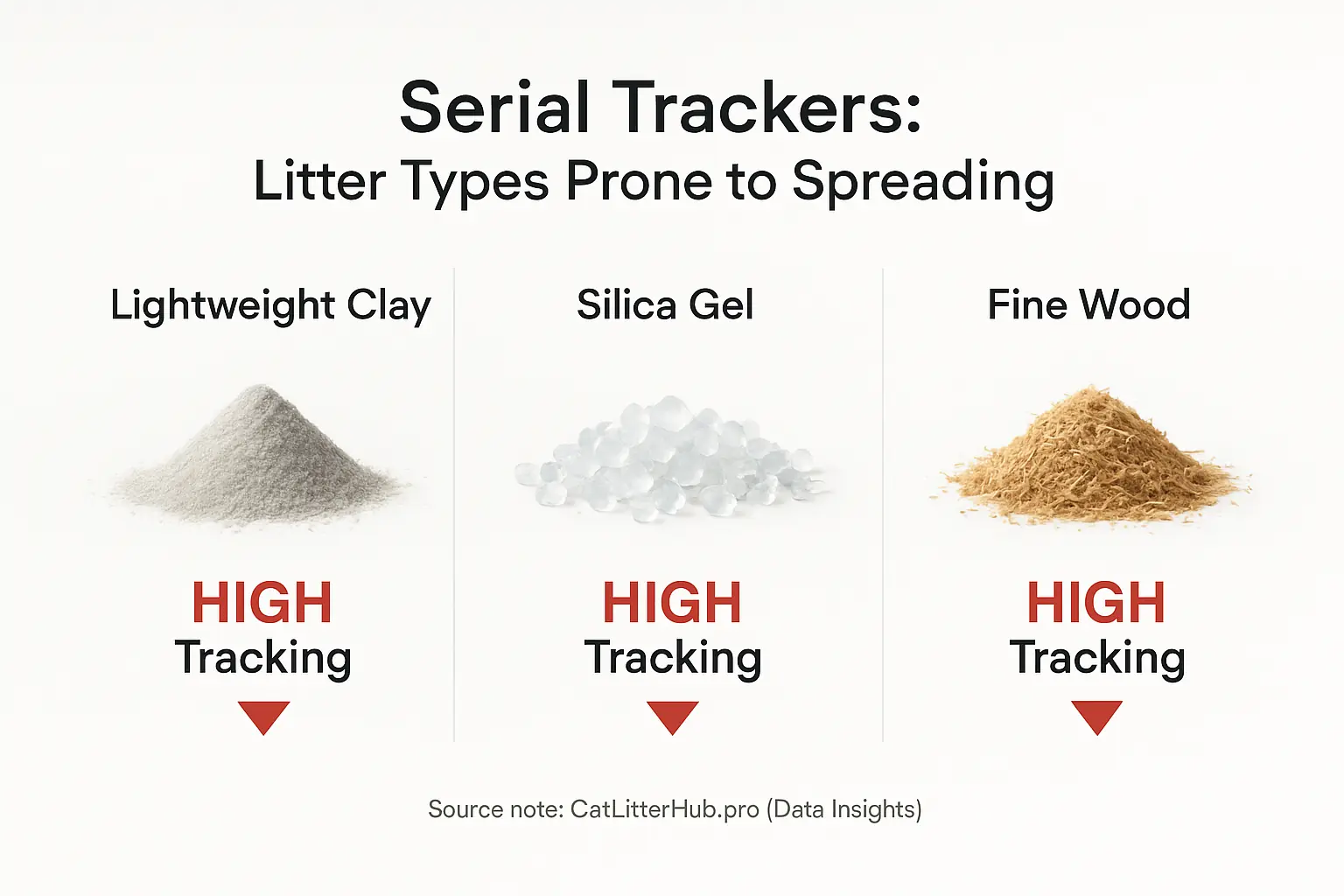 Side-by-side: Lightweight clay, silica gel, fine wood litters with arrows showing high/medium/low tracking per user