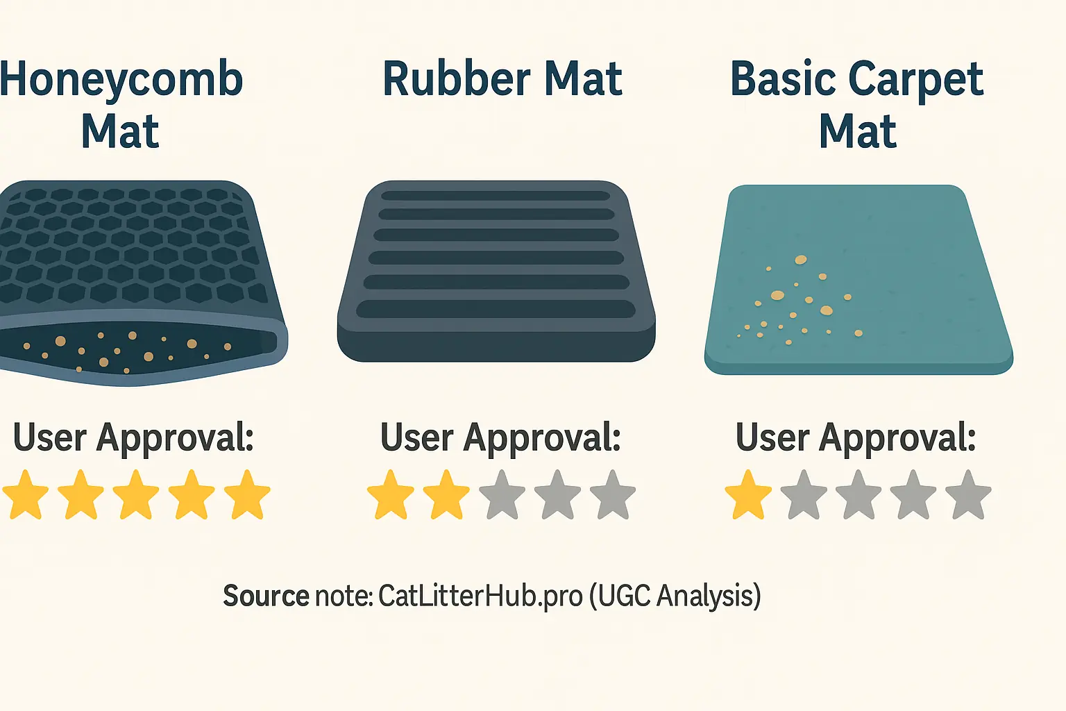 Honeycomb, rubber, and basic carpet litter mats, each with its user approval star rating.
