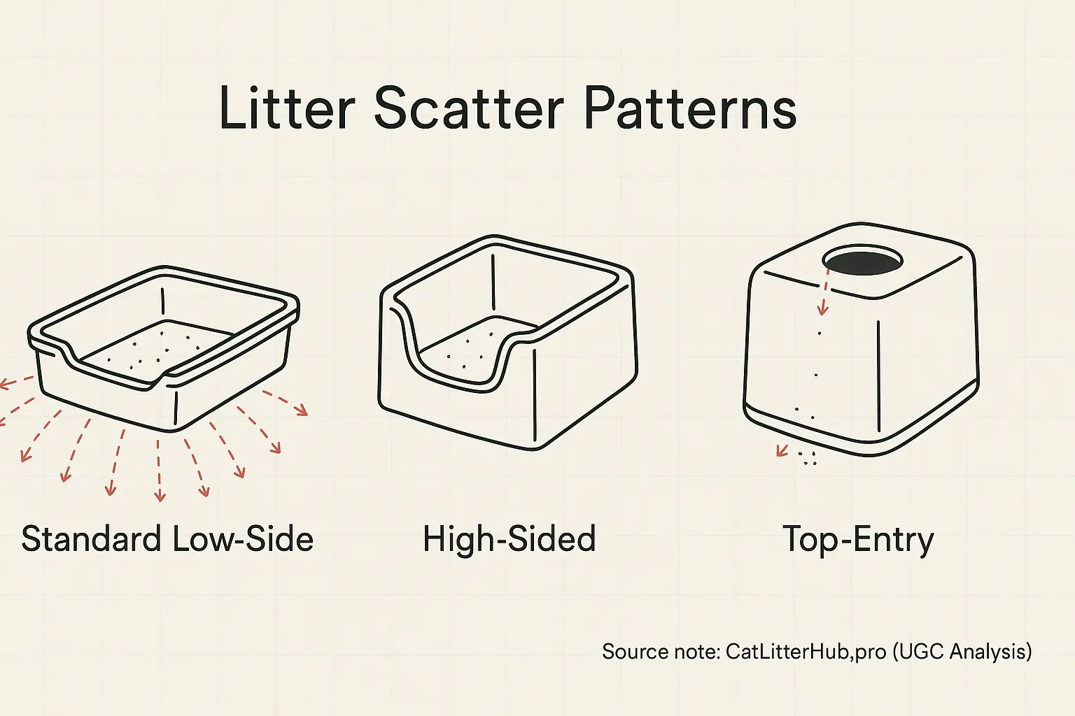 Simple line drawings: standard, high-side, top-entry litter boxes. Arrows show how each design affects litter scatter.