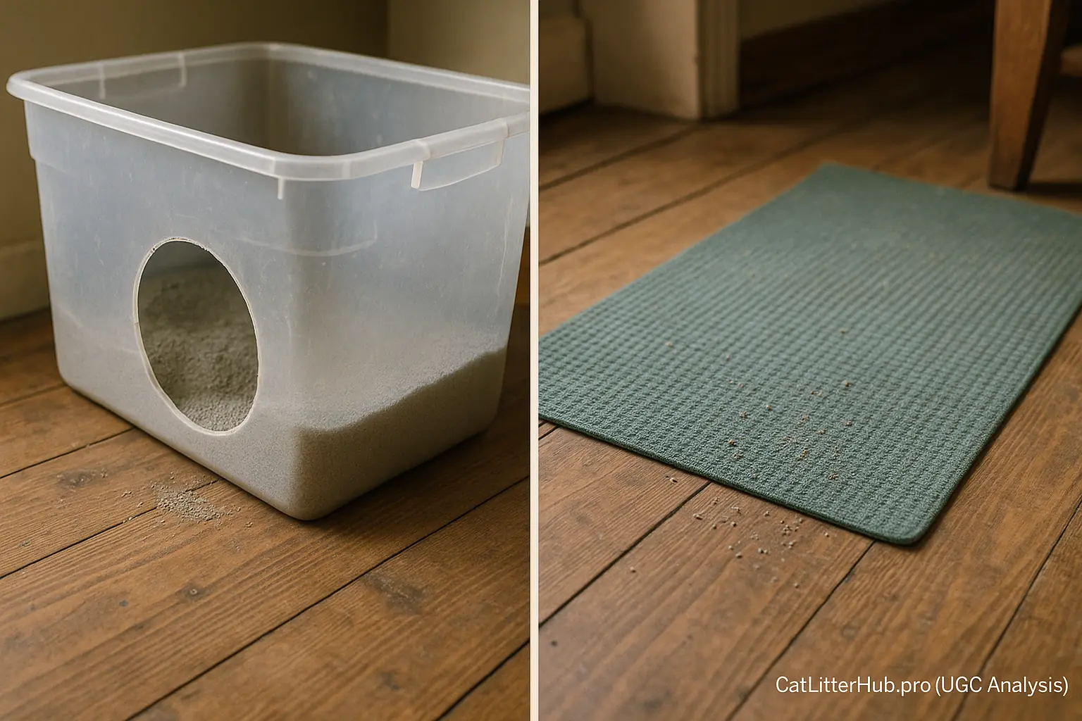 Collage of simple, rustic, user-invented DIY litter containment hacks: modified bin, repurposed mat.