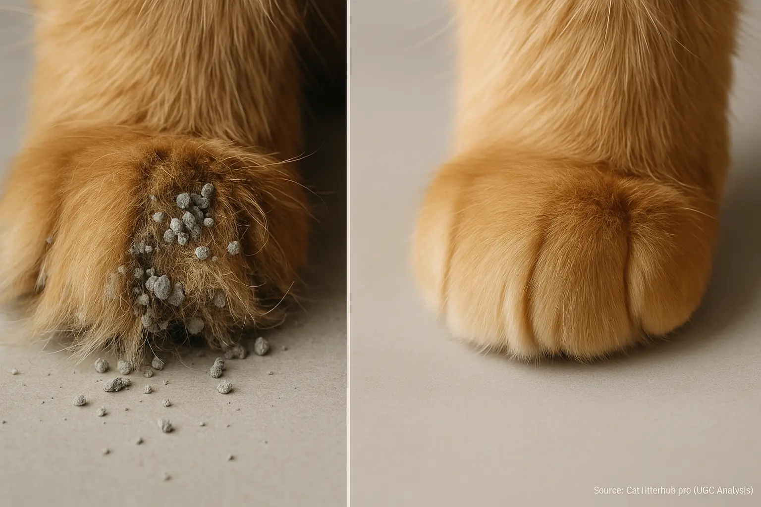 Split: Litter clinging to long-haired cat&#x27;s paw versus a neatly groomed, litter-free paw.