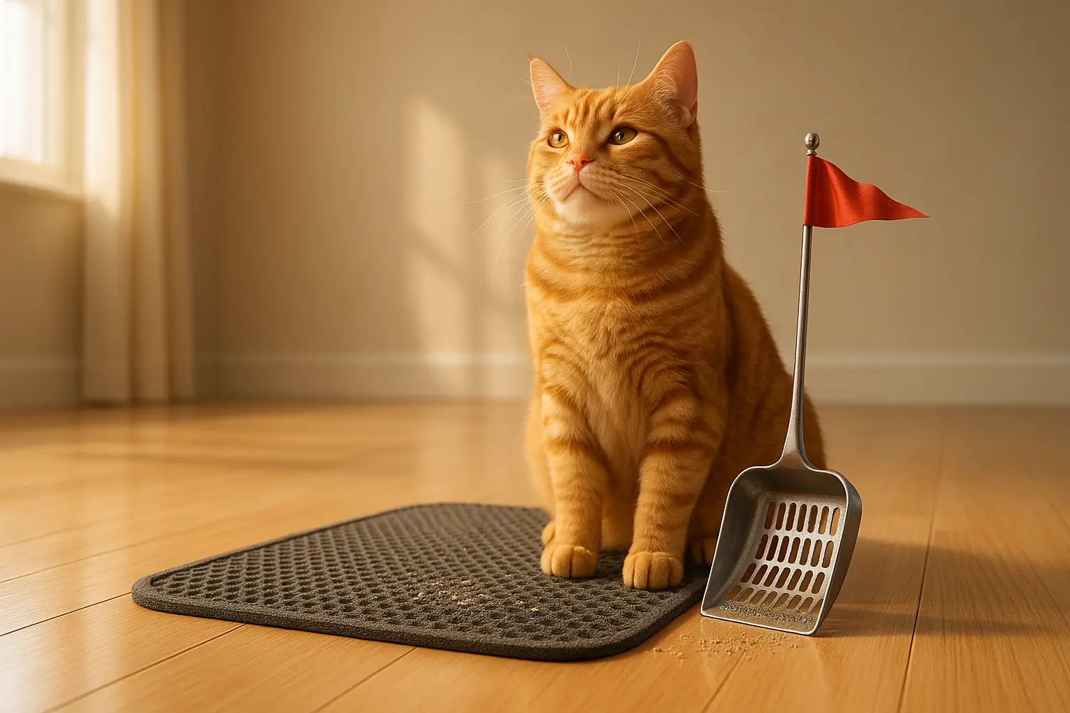 Victorious cat on clean floor; litter scoop &#x27;flag&#x27; by effective litter mat signals triumph over messy paw prints.