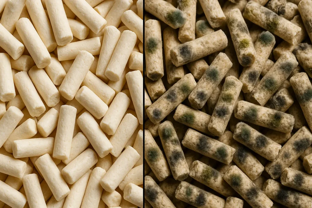 Split panel contrasts pristine, light-colored tofu litter with the same pellets now showing green/black mold spots.