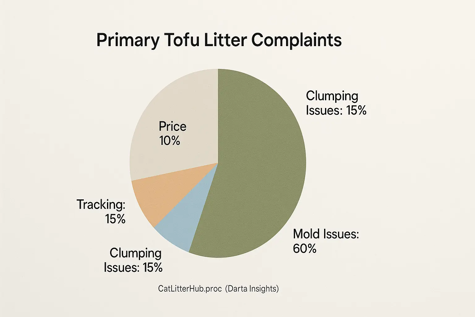 Chart: Mold is the top tofu litter complaint, visually largest, over clumping, tracking, and price.