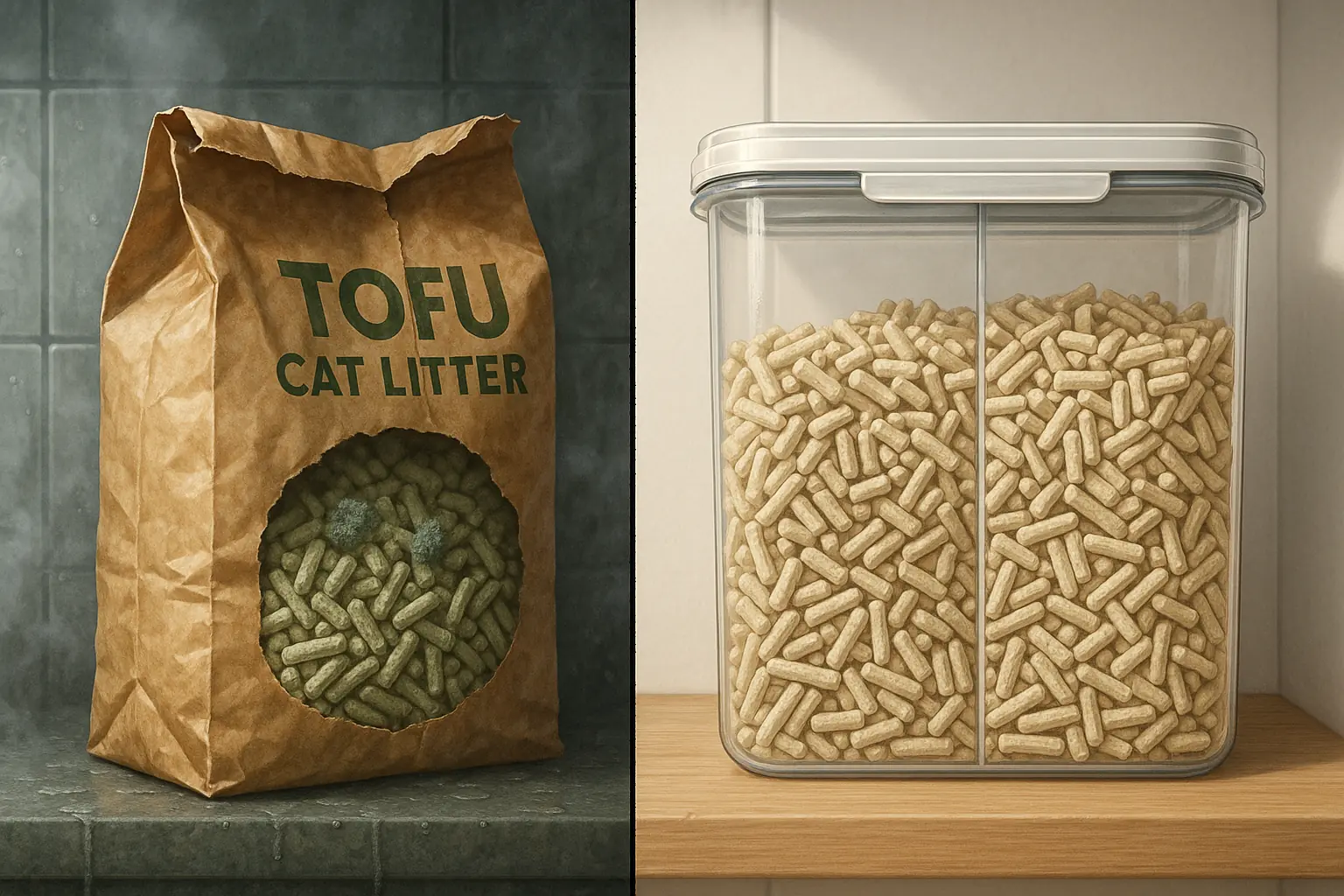 Tofu litter: mold in humid, open storage versus fresh in dry, sealed container.
