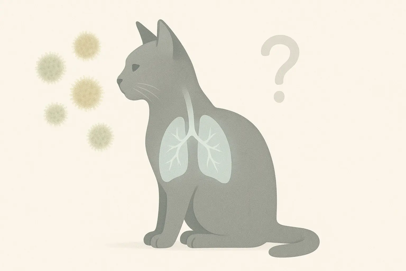 Stylized cat silhouette, lungs highlighted; stylized mold spores & question mark float nearby, implying respiratory risk.