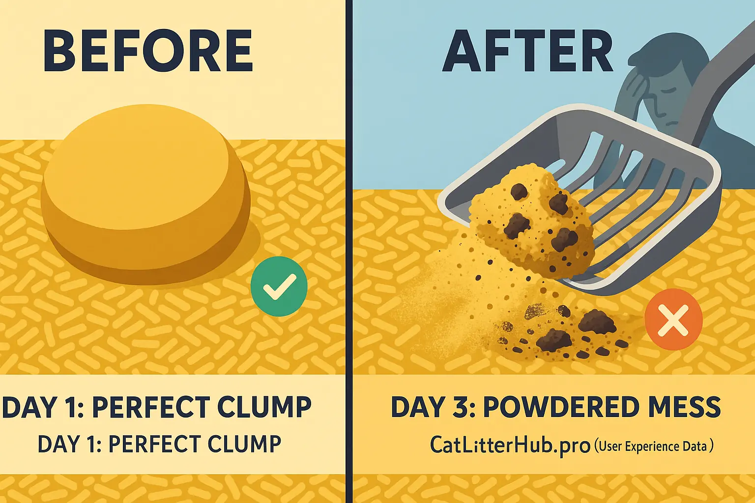Infographic: Before (solid wheat litter clump) and After (crumbled to powder/bits with frustrated owner silhouette).