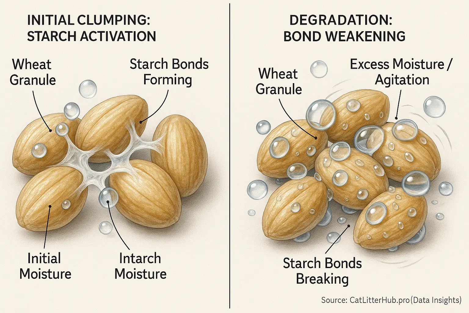 Diagram: Moisture first binds wheat fibers into clumps; further moisture and agitation then break these bonds, causing