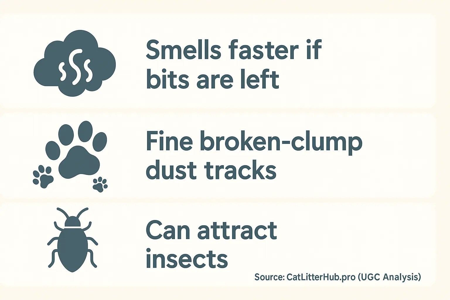Stinky cloud (odor), paw prints (tracking), bug silhouette (pests) icons with user notes on wheat litter issues.